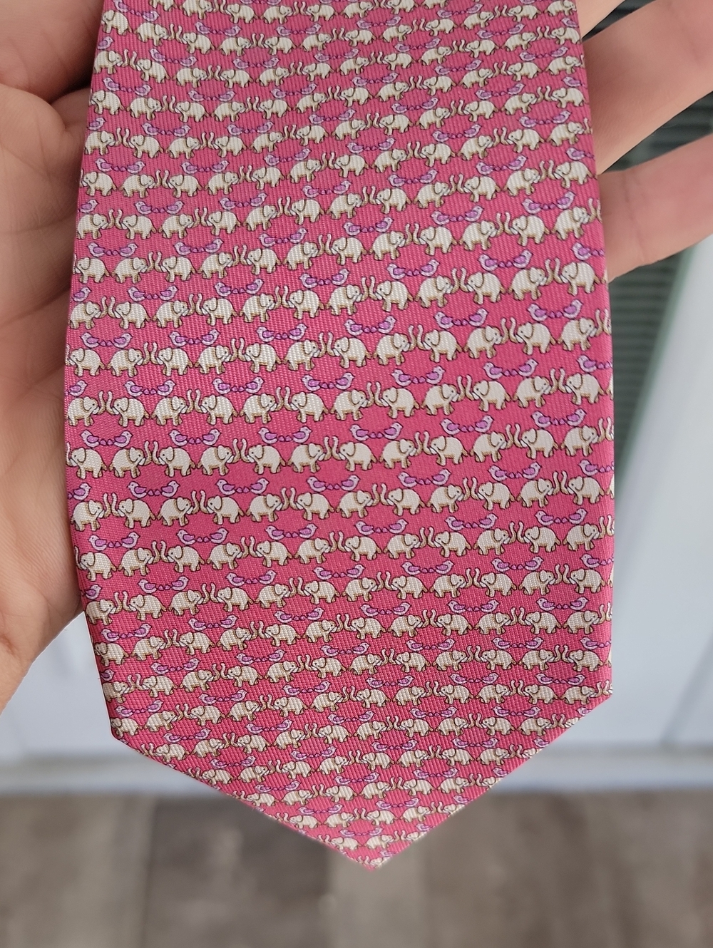 Salvatore Ferragamo Pink Elephant Motif Silk Tie Trunks Up With Little Birds